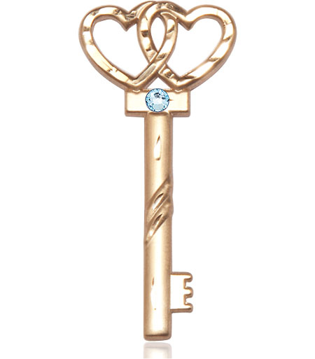 14kt Gold Key w/Double Hearts Medal with a 3mm Aqua Swarovski stone