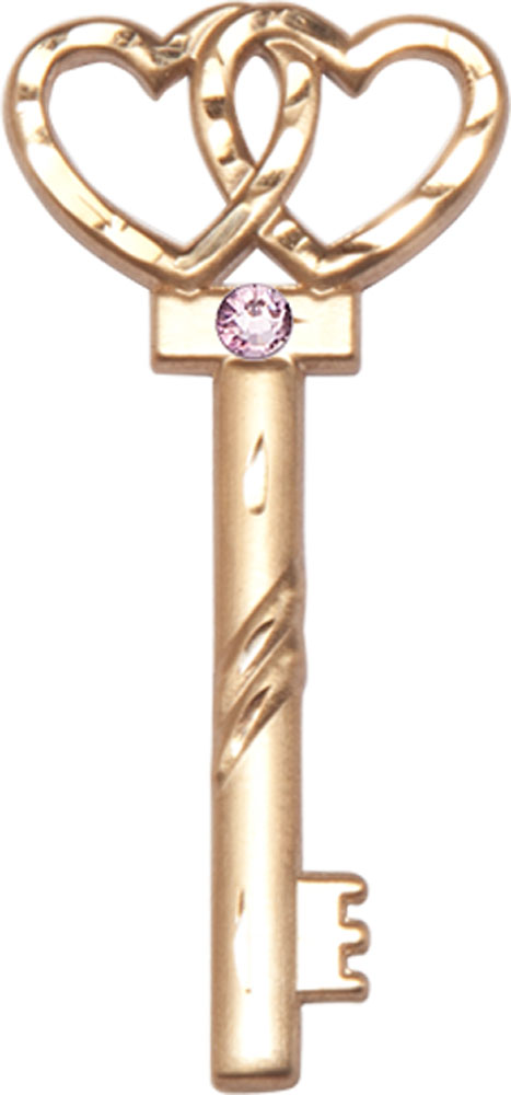 14kt Gold Key w/Double Hearts Medal with a 3mm Light Amethyst Swarovski stone