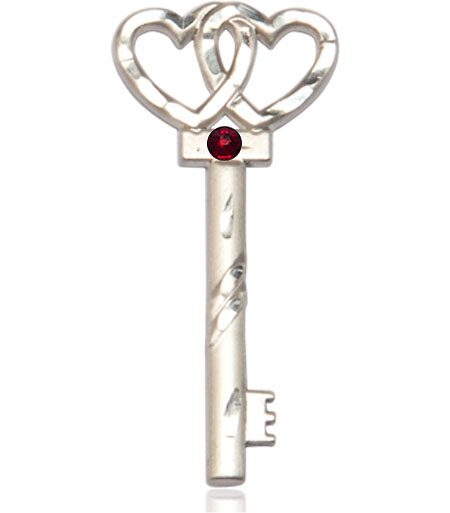 Sterling Silver Key w/Double Hearts Medal with a 3mm Garnet Swarovski stone