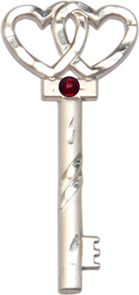 Sterling Silver Key w/Double Hearts Medal with a 3mm Garnet Swarovski stone