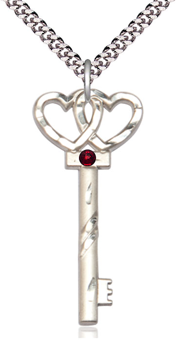 Sterling Silver Key w/Double Hearts Pendant with a 3mm Garnet Swarovski stone on a 24 inch Light Rhodium Heavy Curb chain