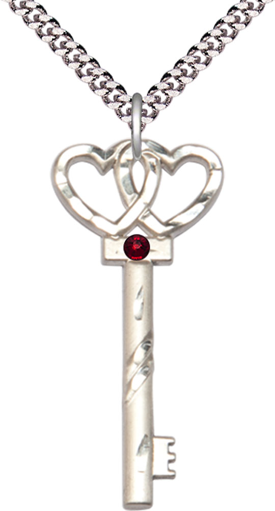 Sterling Silver Key w/Double Hearts Pendant with a 3mm Garnet Swarovski stone on a 24 inch Light Rhodium Heavy Curb chain