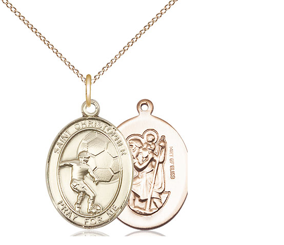 14kt Gold Filled Saint Christopher Soccer Pendant on a 18 inch Gold Filled Light Curb chain