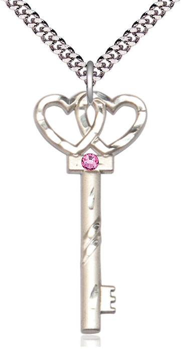 Sterling Silver Key w/Double Hearts Pendant with a 3mm Rose Swarovski stone on a 24 inch Light Rhodium Heavy Curb chain
