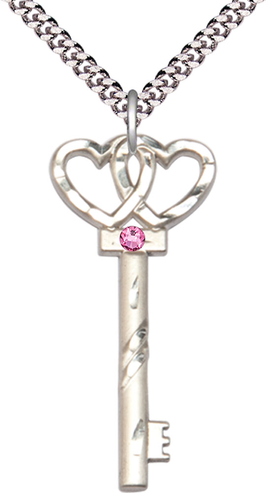 Sterling Silver Key w/Double Hearts Pendant with a 3mm Rose Swarovski stone on a 24 inch Light Rhodium Heavy Curb chain