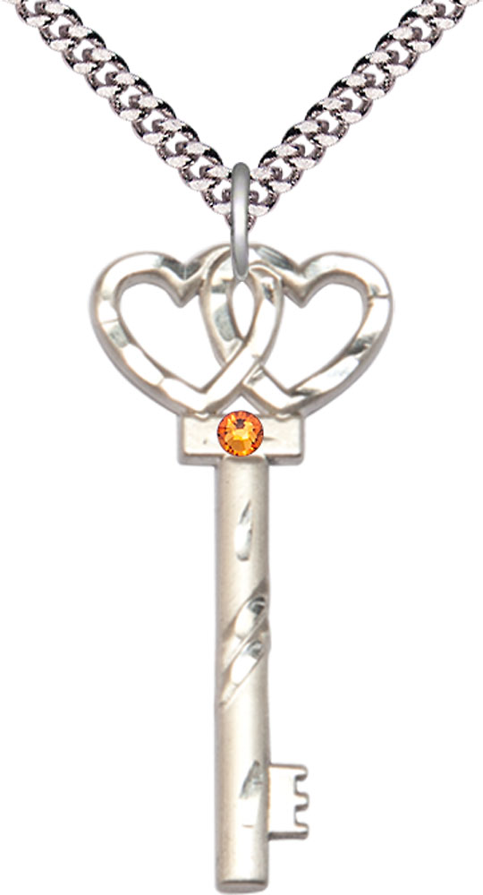 Sterling Silver Key w/Double Hearts Pendant with a 3mm Topaz Swarovski stone on a 24 inch Light Rhodium Heavy Curb chain