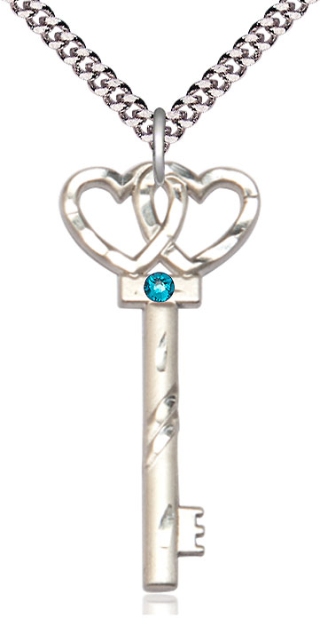 Sterling Silver Key w/Double Hearts Pendant with a 3mm Zircon Swarovski stone on a 24 inch Light Rhodium Heavy Curb chain