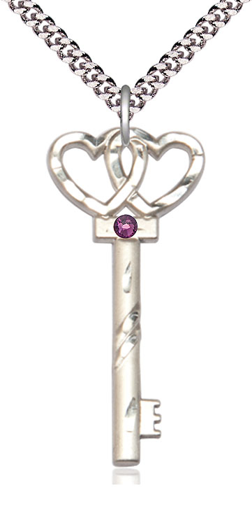 Sterling Silver Key w/Double Hearts Pendant with a 3mm Amethyst Swarovski stone on a 24 inch Light Rhodium Heavy Curb chain
