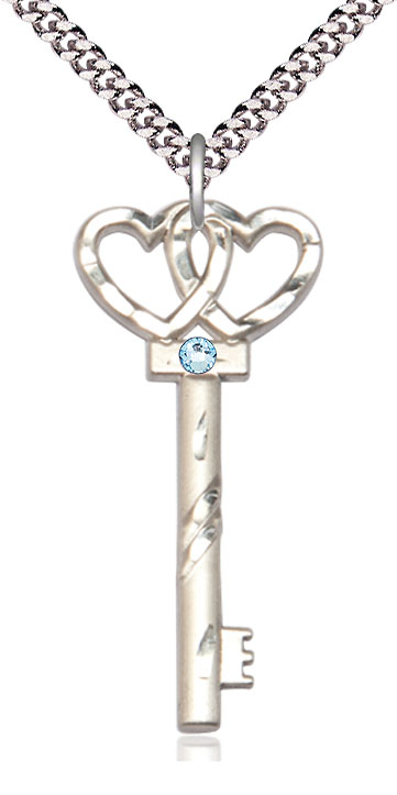 Sterling Silver Key w/Double Hearts Pendant with a 3mm Aqua Swarovski stone on a 24 inch Light Rhodium Heavy Curb chain