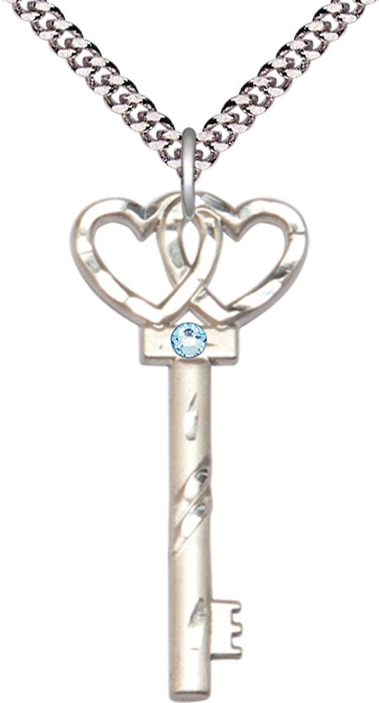 Sterling Silver Key w/Double Hearts Pendant with a 3mm Aqua Swarovski stone on a 24 inch Light Rhodium Heavy Curb chain