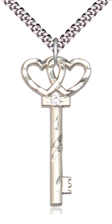 Sterling Silver Key w/Double Hearts Pendant with a 3mm Crystal Swarovski stone on a 24 inch Light Rhodium Heavy Curb chain