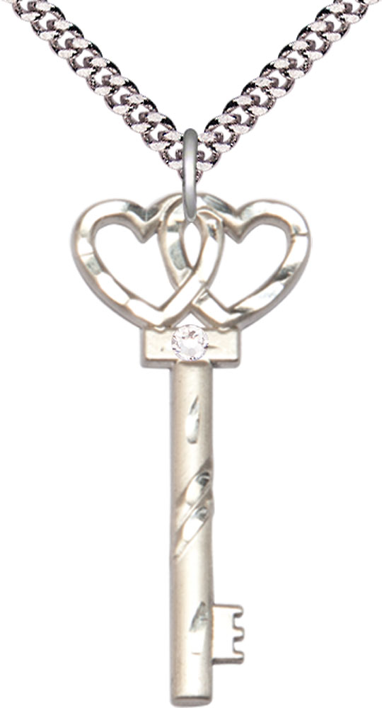 Sterling Silver Key w/Double Hearts Pendant with a 3mm Crystal Swarovski stone on a 24 inch Light Rhodium Heavy Curb chain