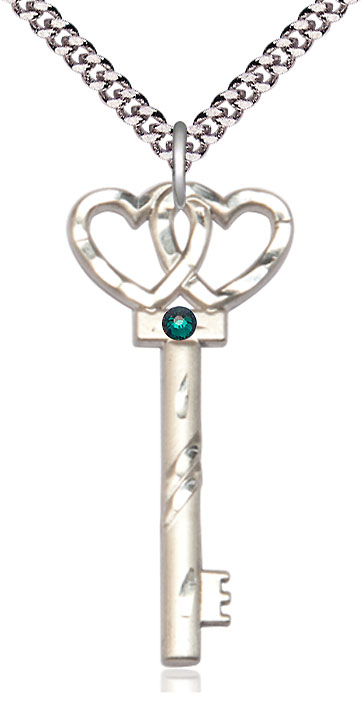 Sterling Silver Key w/Double Hearts Pendant with a 3mm Emerald Swarovski stone on a 24 inch Light Rhodium Heavy Curb chain