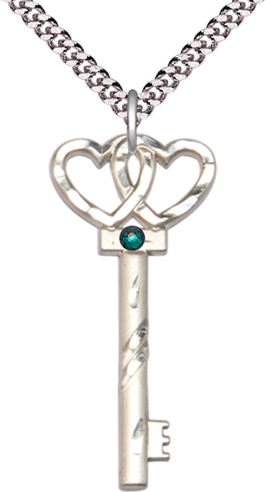 Sterling Silver Key w/Double Hearts Pendant with a 3mm Emerald Swarovski stone on a 24 inch Light Rhodium Heavy Curb chain