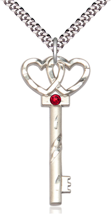 Sterling Silver Key w/Double Hearts Pendant with a 3mm Ruby Swarovski stone on a 24 inch Light Rhodium Heavy Curb chain
