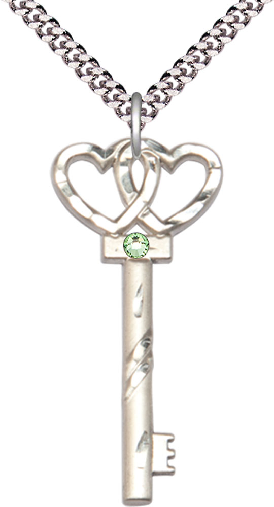 Sterling Silver Key w/Double Hearts Pendant with a 3mm Peridot Swarovski stone on a 24 inch Light Rhodium Heavy Curb chain