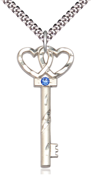 Sterling Silver Key w/Double Hearts Pendant with a 3mm Sapphire Swarovski stone on a 24 inch Light Rhodium Heavy Curb chain