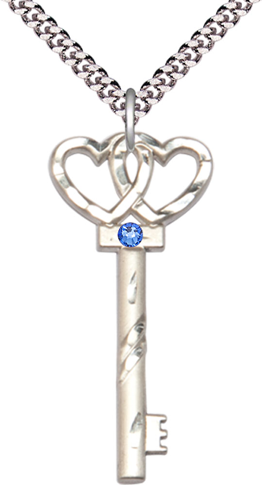 Sterling Silver Key w/Double Hearts Pendant with a 3mm Sapphire Swarovski stone on a 24 inch Light Rhodium Heavy Curb chain