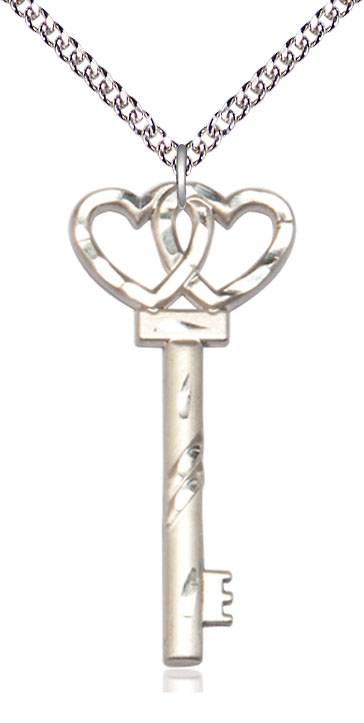 Sterling Silver Key w/Double Hearts Pendant on a 24 inch Sterling Silver Heavy Curb chain