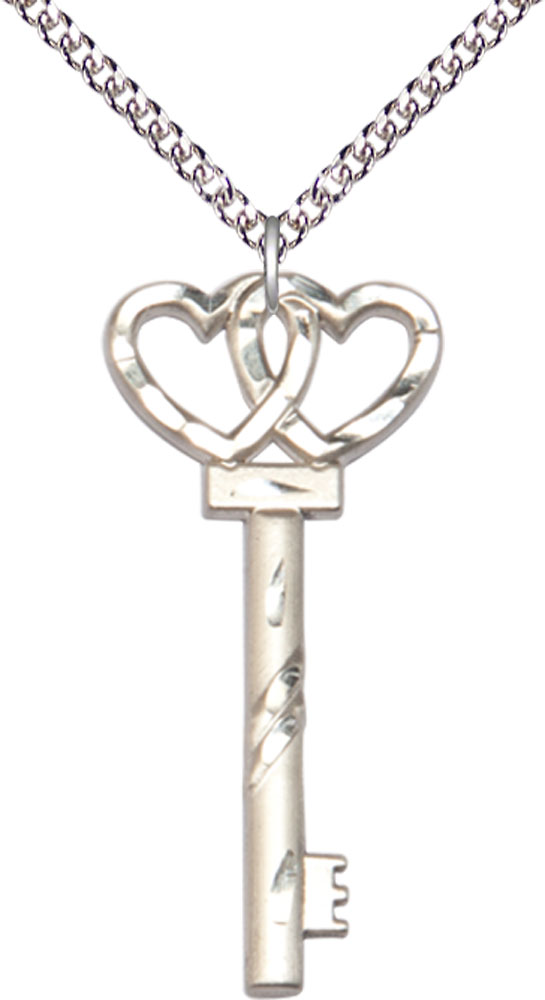 Sterling Silver Key w/Double Hearts Pendant on a 24 inch Sterling Silver Heavy Curb chain