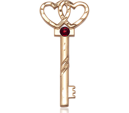 14kt Gold Filled Key w/Double Hearts Medal with a 3mm Garnet Swarovski stone