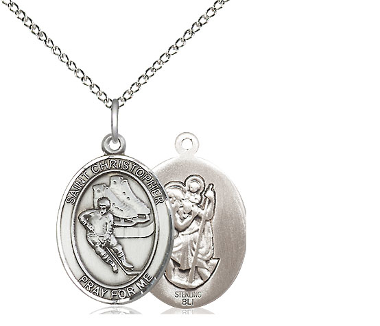 Sterling Silver Saint Christopher Hockey Pendant on a 18 inch Sterling Silver Light Curb chain