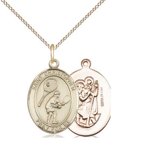 14kt Gold Filled Saint Christopher Tennis Pendant on a 18 inch Gold Filled Light Curb chain
