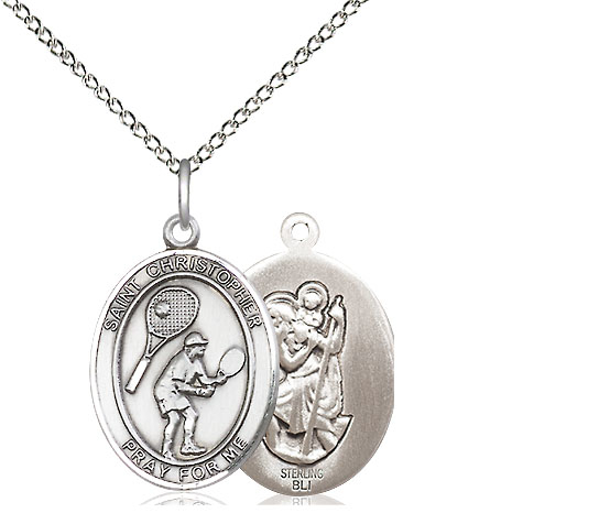 Sterling Silver Saint Christopher Tennis Pendant on a 18 inch Sterling Silver Light Curb chain