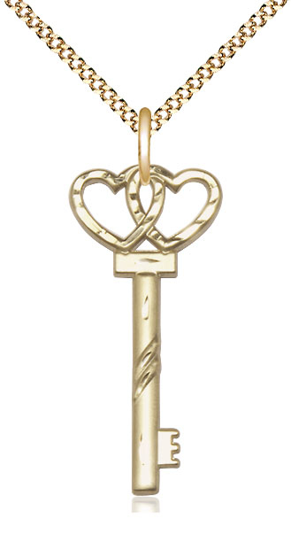 14kt Gold Filled Small Key w/Double Heart Pendant on a 18 inch Gold Plate Light Curb chain