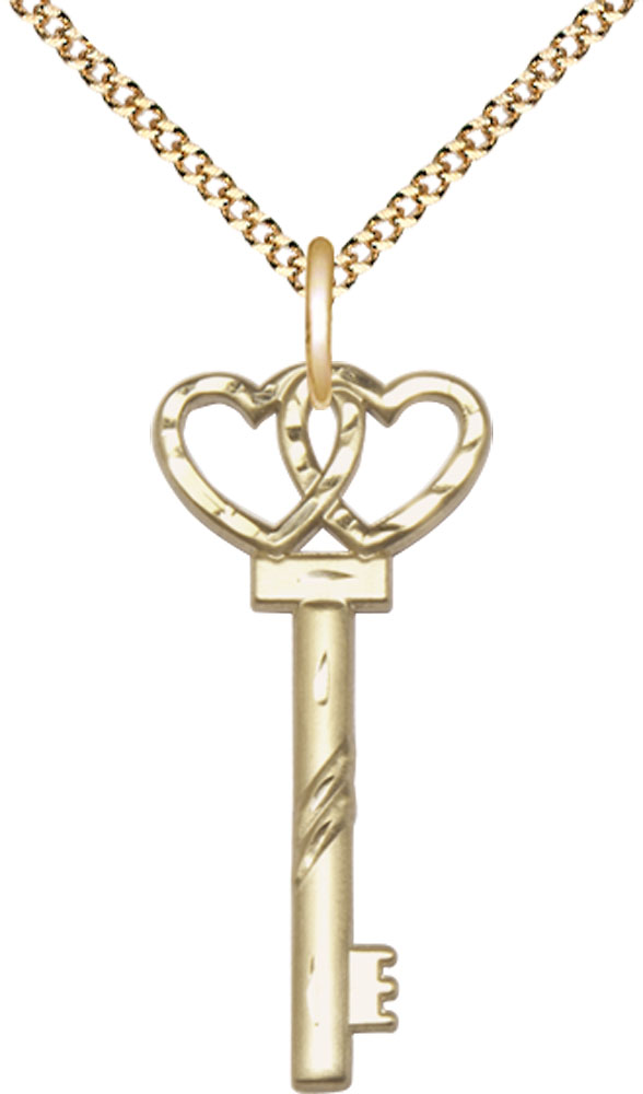 14kt Gold Filled Small Key w/Double Heart Pendant on a 18 inch Gold Plate Light Curb chain