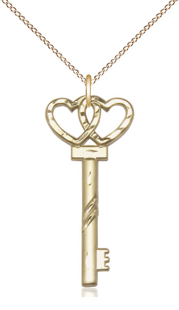 14kt Gold Filled Small Key w/Double Heart Pendant on a 18 inch Gold Filled Light Curb chain
