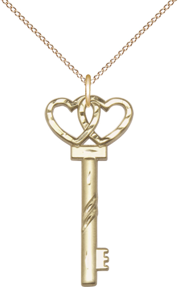 14kt Gold Filled Small Key w/Double Heart Pendant on a 18 inch Gold Filled Light Curb chain
