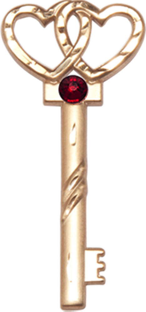 14kt Gold Key w/Double Hearts Medal with a 3mm Garnet Swarovski stone