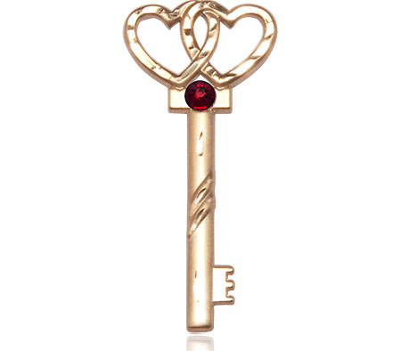 14kt Gold Key w/Double Hearts Medal with a 3mm Garnet Swarovski stone