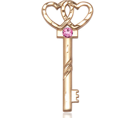 14kt Gold Key w/Double Hearts Medal with a 3mm Rose Swarovski stone