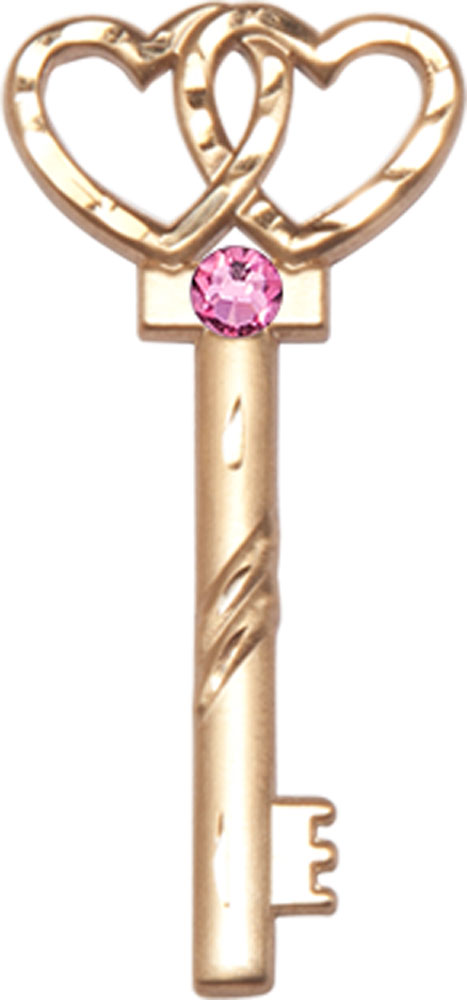 14kt Gold Key w/Double Hearts Medal with a 3mm Rose Swarovski stone