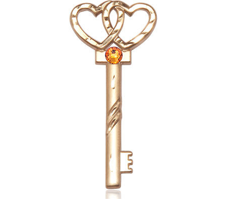 14kt Gold Key w/Double Hearts Medal with a 3mm Topaz Swarovski stone