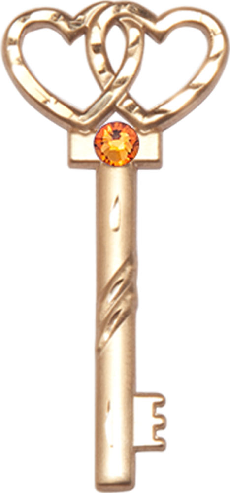 14kt Gold Key w/Double Hearts Medal with a 3mm Topaz Swarovski stone