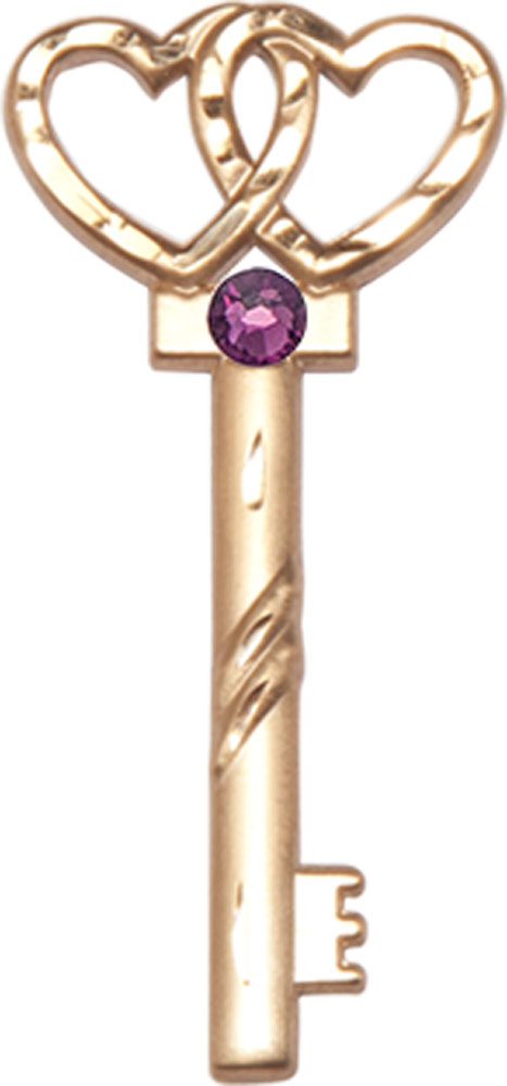 14kt Gold Key w/Double Hearts Medal with a 3mm Amethyst Swarovski stone