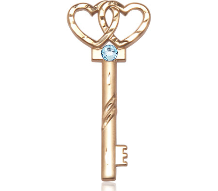 14kt Gold Key w/Double Hearts Medal with a 3mm Aqua Swarovski stone