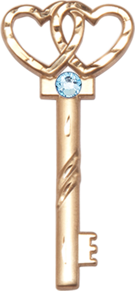 14kt Gold Key w/Double Hearts Medal with a 3mm Aqua Swarovski stone