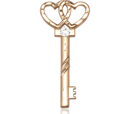 14kt Gold Key w/Double Hearts Medal with a 3mm Crystal Swarovski stone