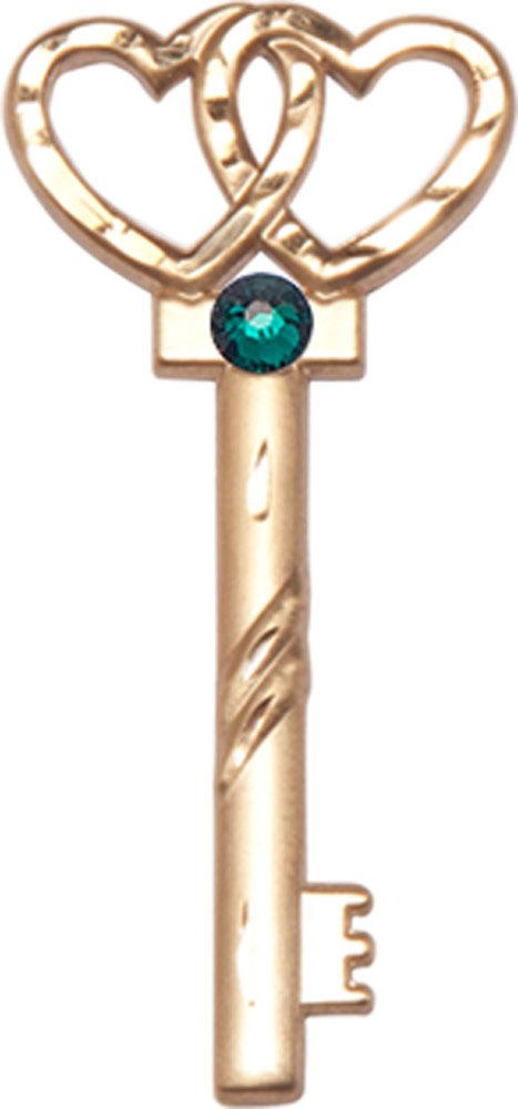 14kt Gold Key w/Double Hearts Medal with a 3mm Emerald Swarovski stone