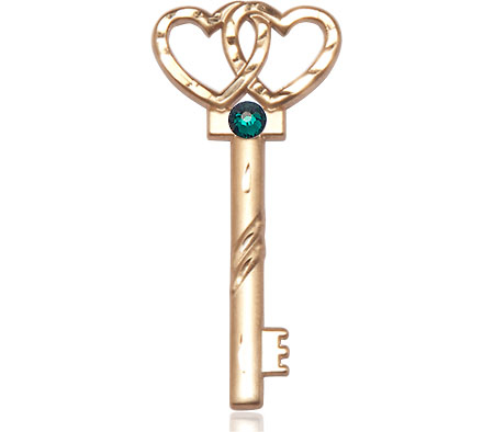 14kt Gold Key w/Double Hearts Medal with a 3mm Emerald Swarovski stone