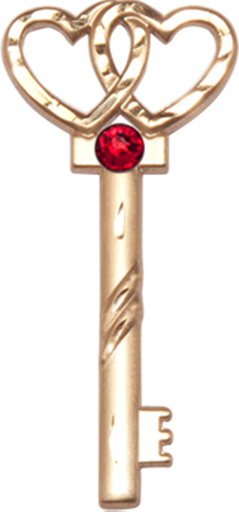 14kt Gold Key w/Double Hearts Medal with a 3mm Ruby Swarovski stone