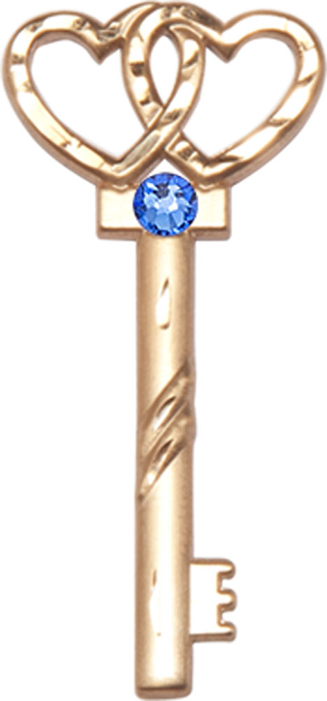 14kt Gold Key w/Double Hearts Medal with a 3mm Sapphire Swarovski stone