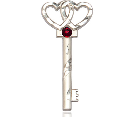 Sterling Silver Key w/Double Hearts Medal with a 3mm Garnet Swarovski stone