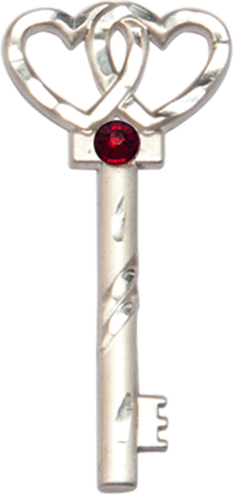 Sterling Silver Key w/Double Hearts Medal with a 3mm Garnet Swarovski stone