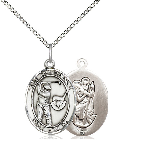 Sterling Silver Saint Christopher Golf Pendant on a 18 inch Sterling Silver Light Curb chain