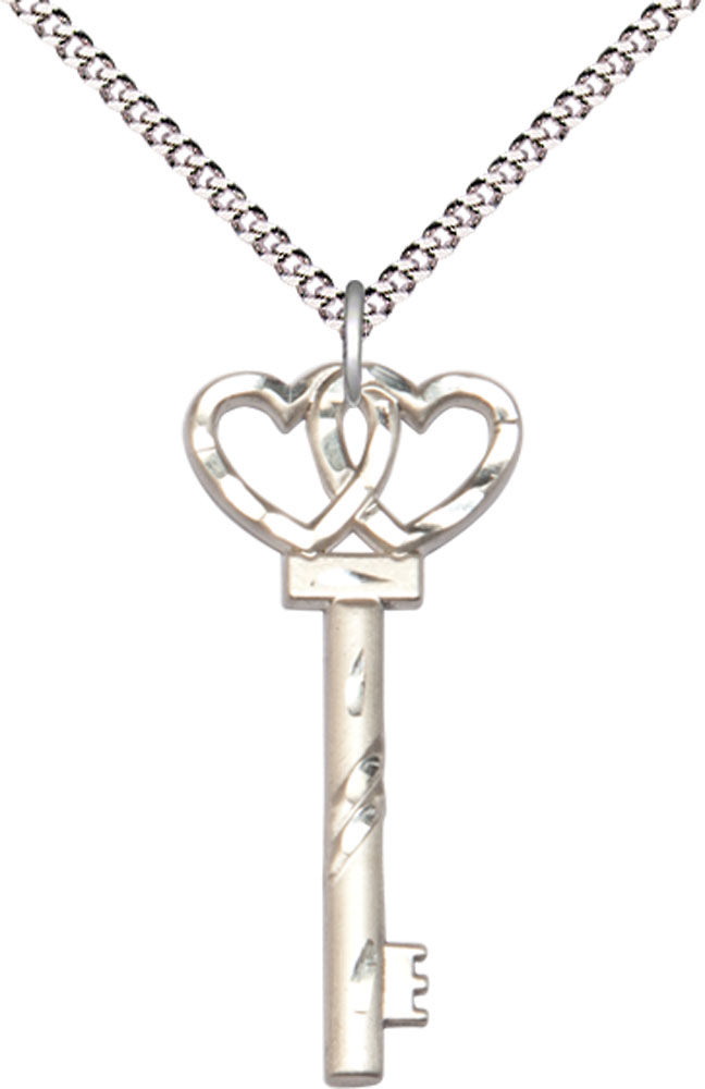 Sterling Silver Small Key w/Double Heart Pendant on a 18 inch Light Rhodium Light Curb chain